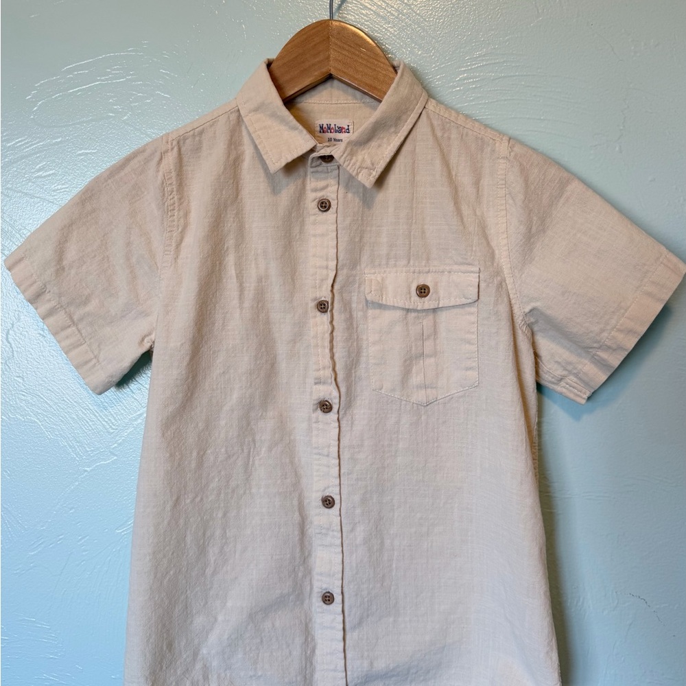 Boys Size 10 - Momo Land Beige Short Sleeve Button-Up Shirt with Chest Pocket
